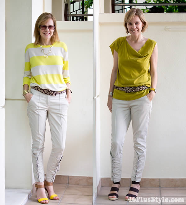 wearing laced capris with shades of yellow | 40plusstyle.com