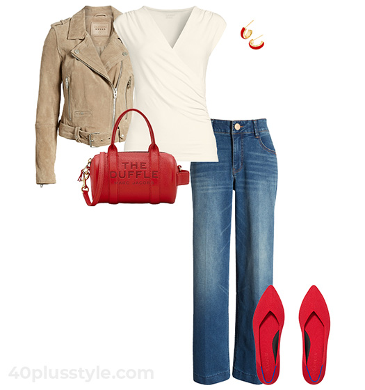 Suede moto jacet, jeans and flats | 40plusstyle.com