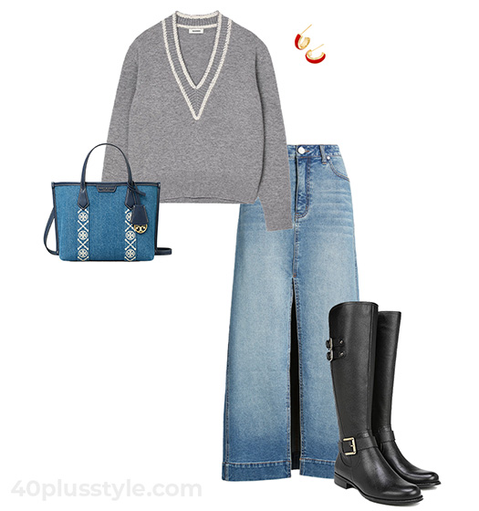 Sweater, denim skirt and high boots | 40plusstyle.com