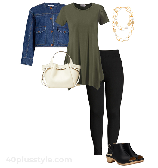 Denim jacket, tunic top,, leggings and sandals | 40plusstyle.com