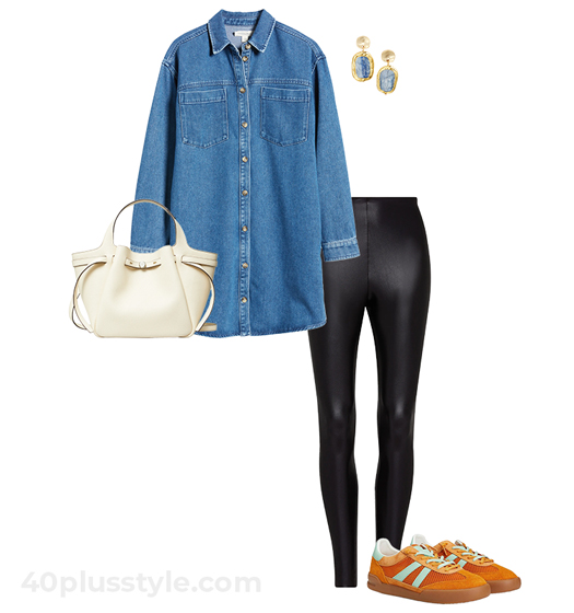 Denim dress, leather leggings and sneakers | 40plusstyle.com