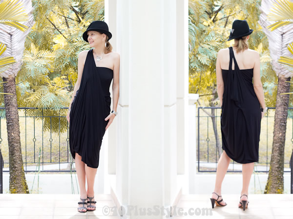 Black drape dress, great for women over 40