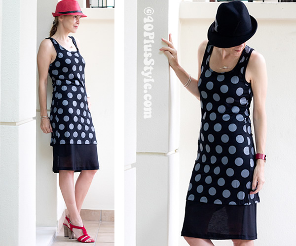 Black and white polkadot dress layered over skirt | 40plusstyle.com