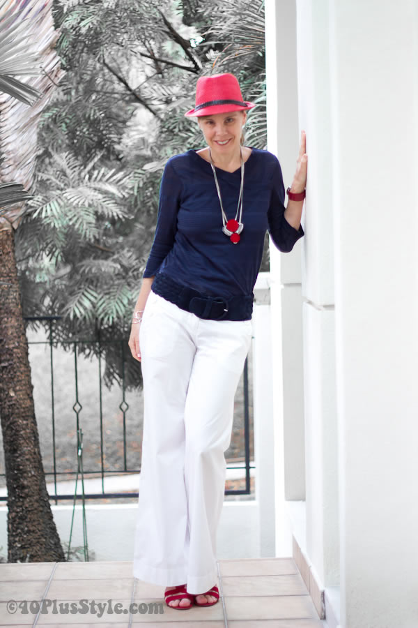 marine look with red, blue and white | 40plusstyle.com
