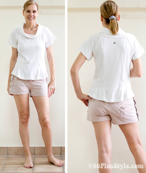 Pink and cream yoga shorts and cream top | 40plusstyle.com