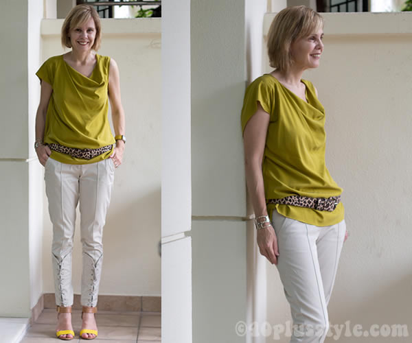 laced pants with yellow shoes