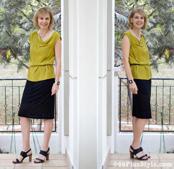 black skirt and mustard blouse