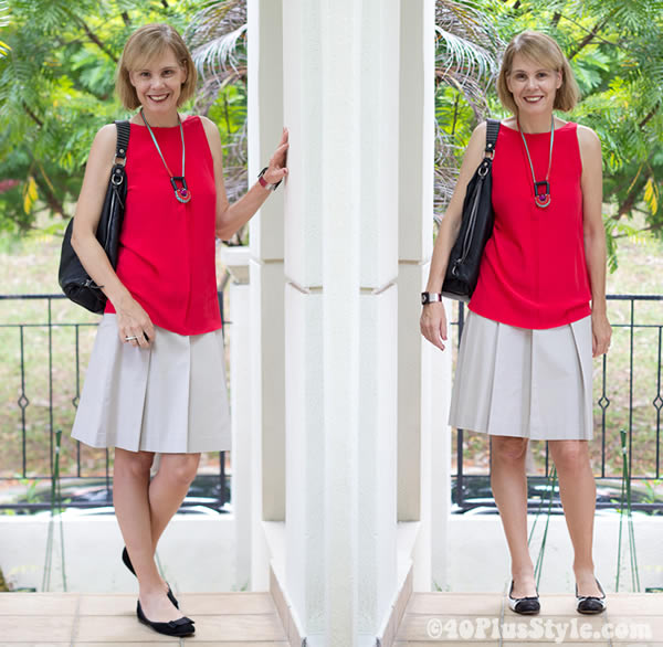 Red silk top, grey a skirt