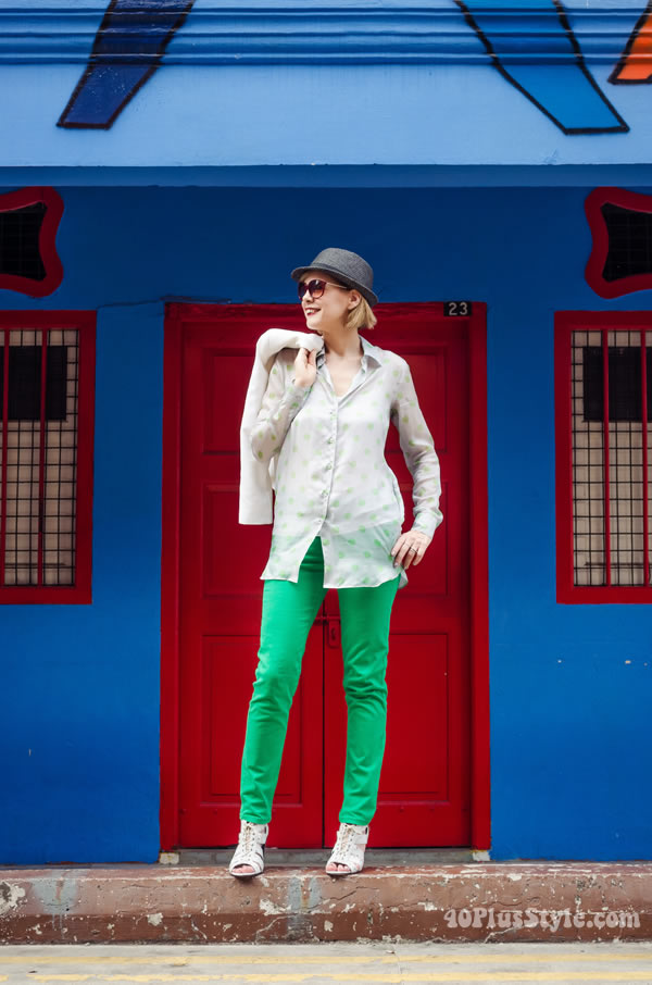 Polkadot blouse and green pants