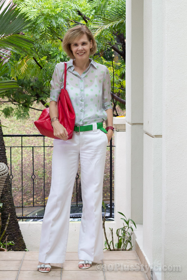 Wearing red, white and green | 40plusstyle.com