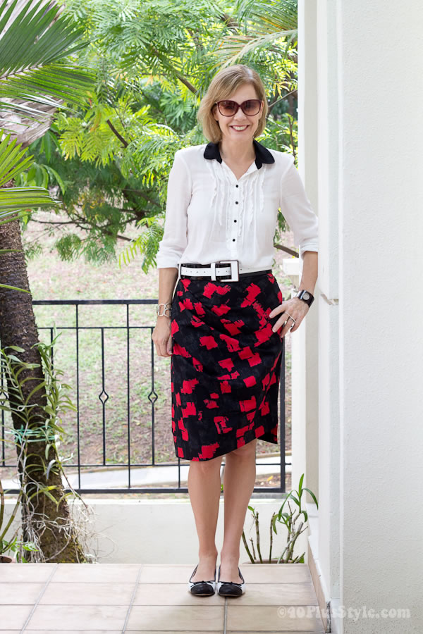 black and white shirt with flower skirt