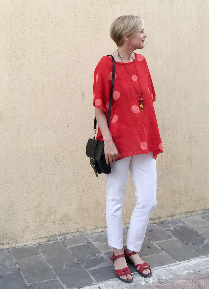 white pant and red shirt