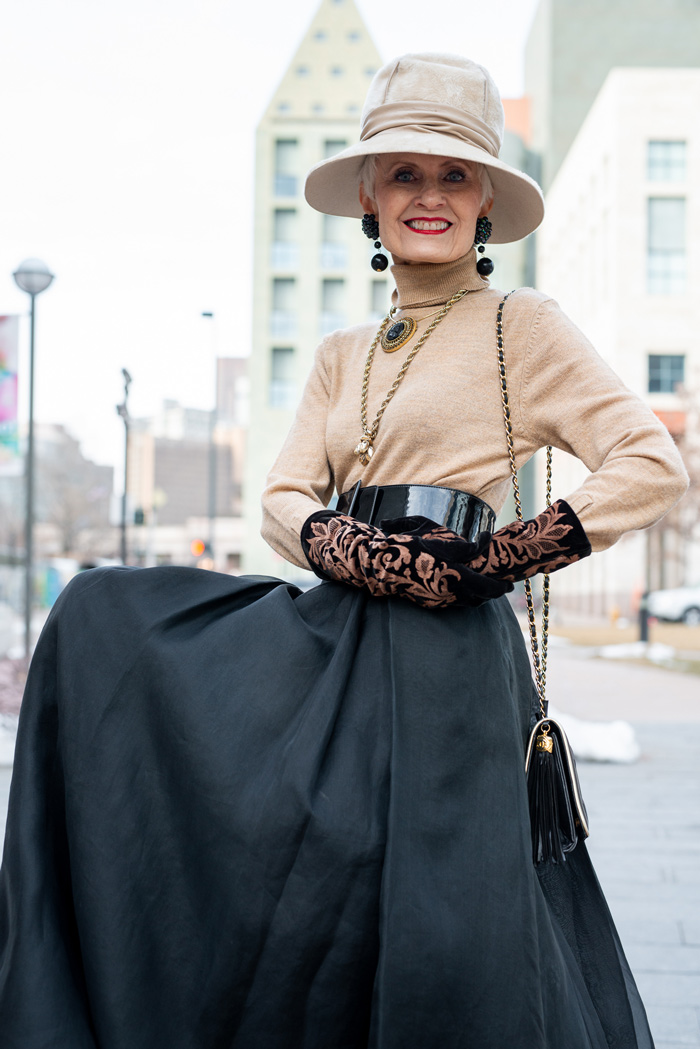 Judith in maxi skirt and nude tops and hat | 40plusstyle.com