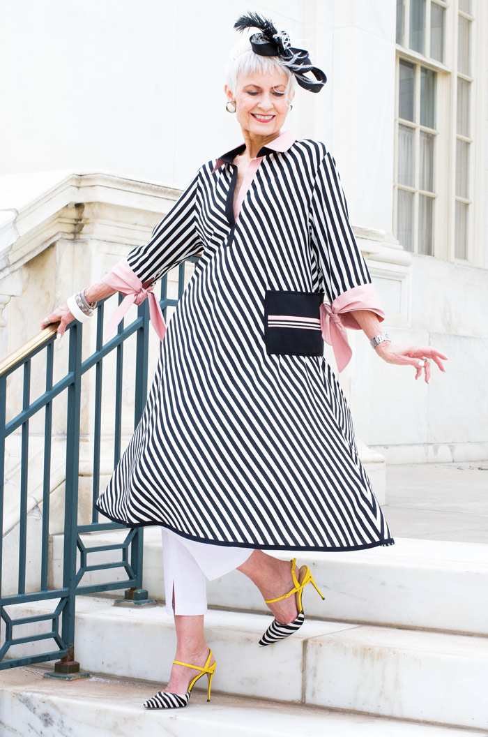 Judith in striped dress | 40plusstyle.com