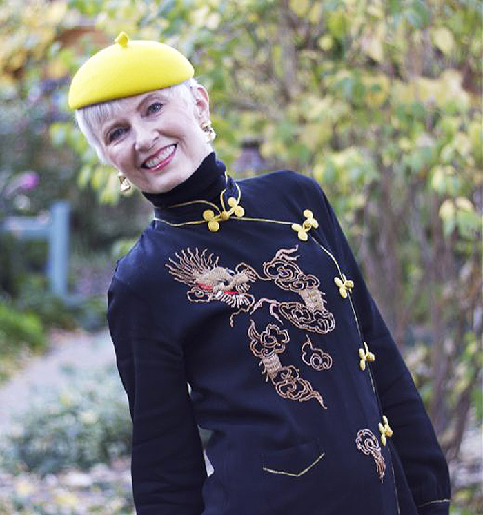 Judith in chinese collared top and yellow hat | 40plusstyle.com