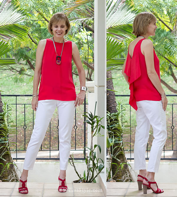 red blouse and white pants