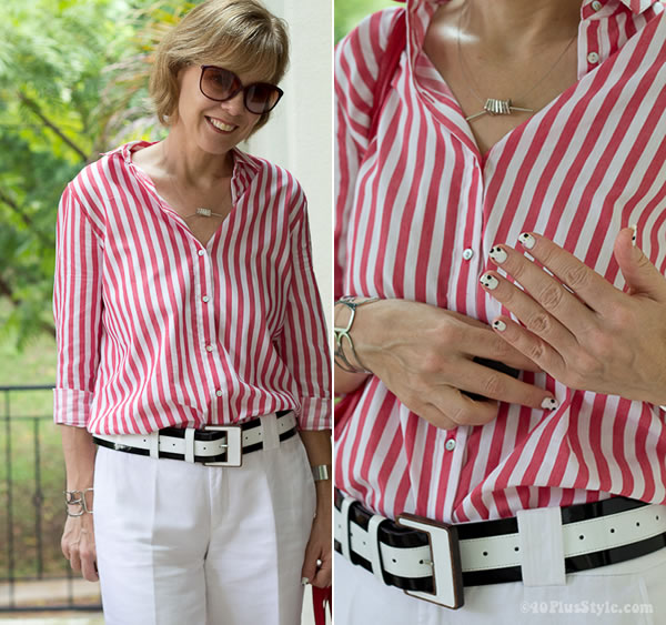 red blouse and white pants