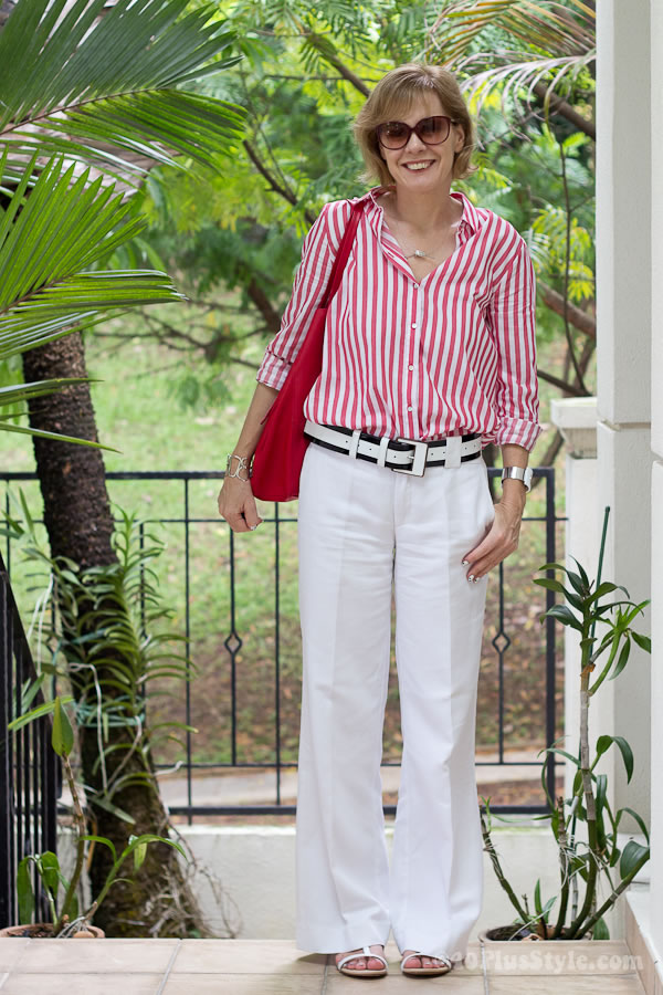 red blouse and white pants