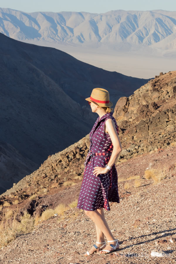 Braving 52 degrees in Death Valley wearing a purple dress