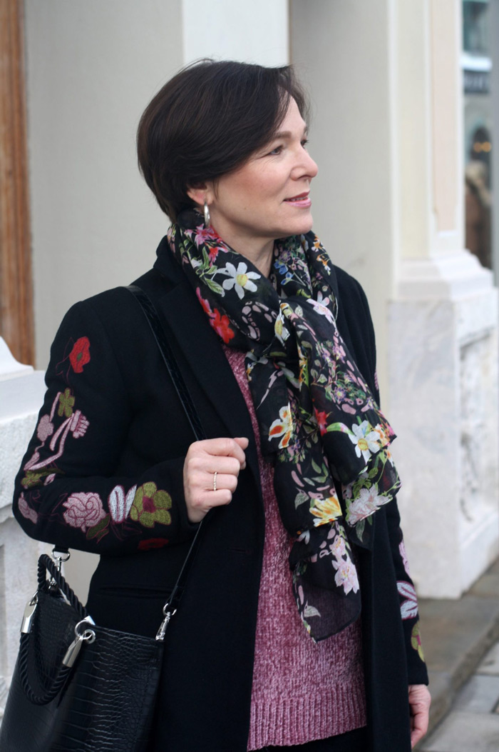 Annette Wearing Floral Scarf and Blazer | 40plusstyle.com