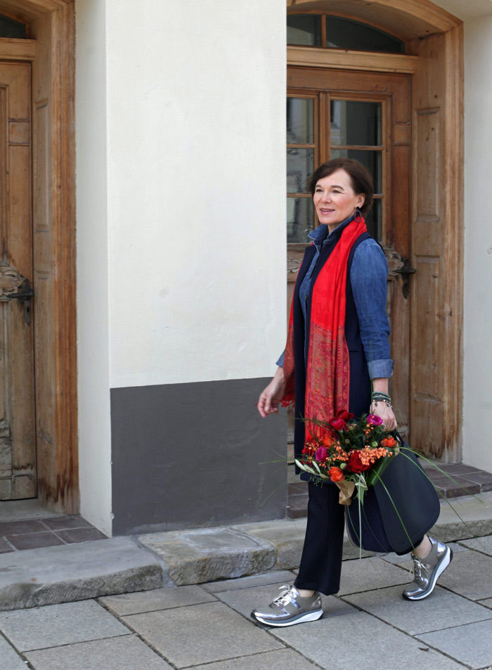 Annette Casual Wearing Denim with Scarf and Pants | 40plusstyle.com