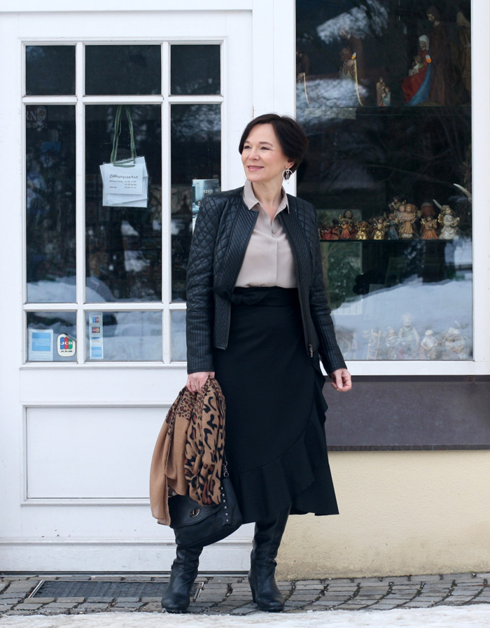 Annette-Corporate Wearing Black Leather Jacket and Highwaist Skirt | 40plusstyle.com