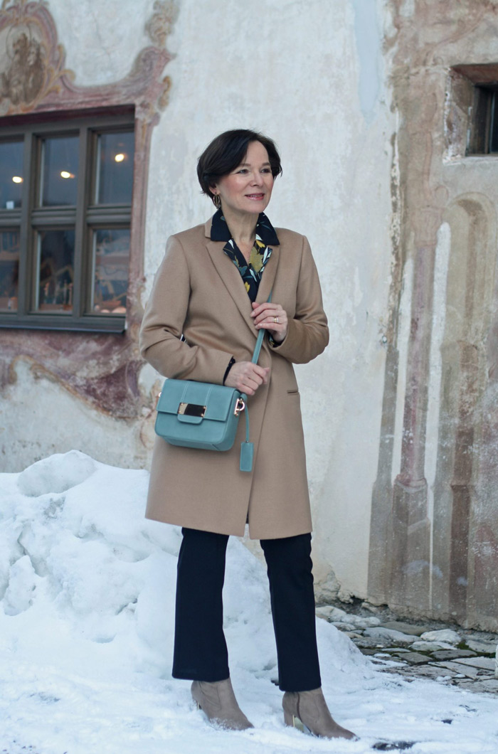 Annette Wearing Long Brown Coat and Pants | 40plusstyle.com