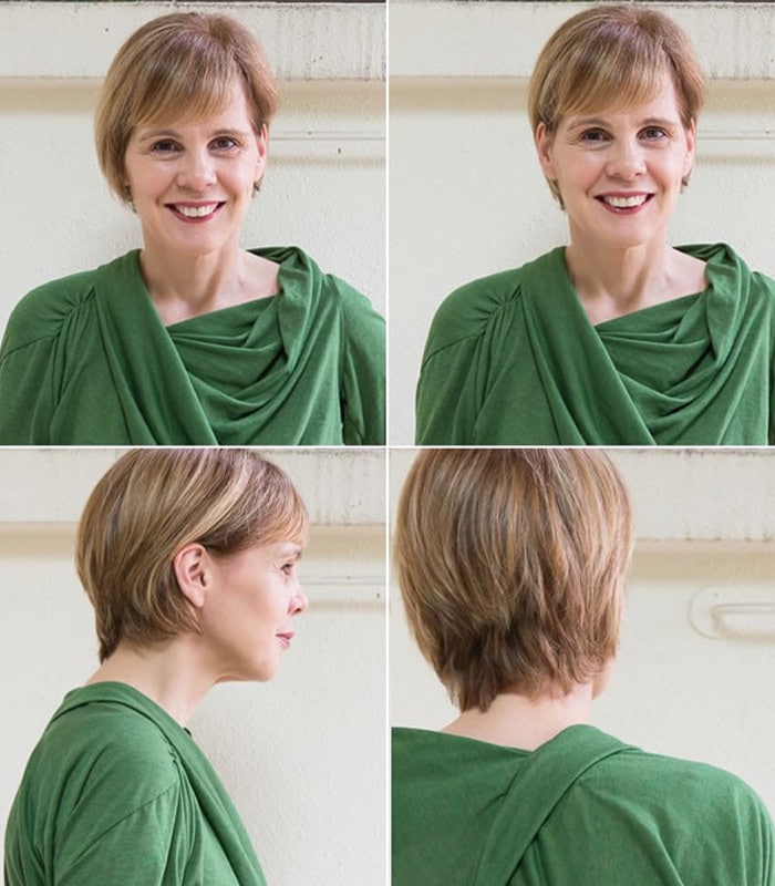 A new asymmetrical hairstyle and a green dress with sleeves