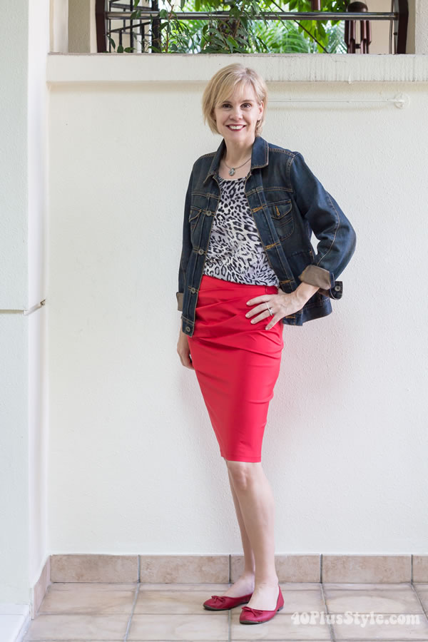 Wearing 2 Covered Perfectly tops 5 different ways: outfit # 4 animal print top with jeans jacket and red skirt | 40PlusStyle.com