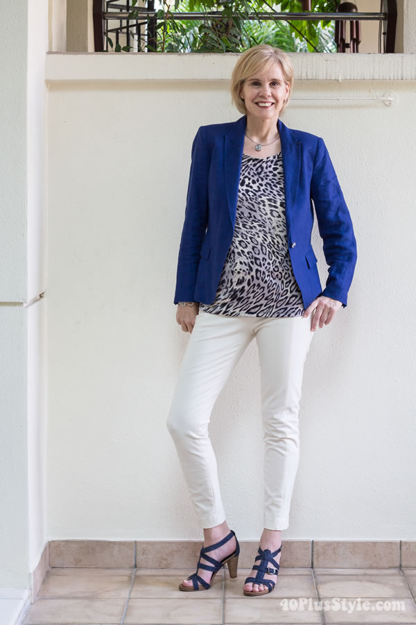 Wearing 2 Covered Perfectly tops 5 different ways: Outfit #3 animal print top with blue blazer  | 40PlusStyle.com