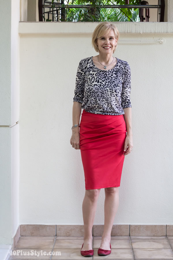 Wearing 2 Covered Perfectly tops 5 different ways: outfit #5 animal print top with red skirt | 40PlusStyle.com