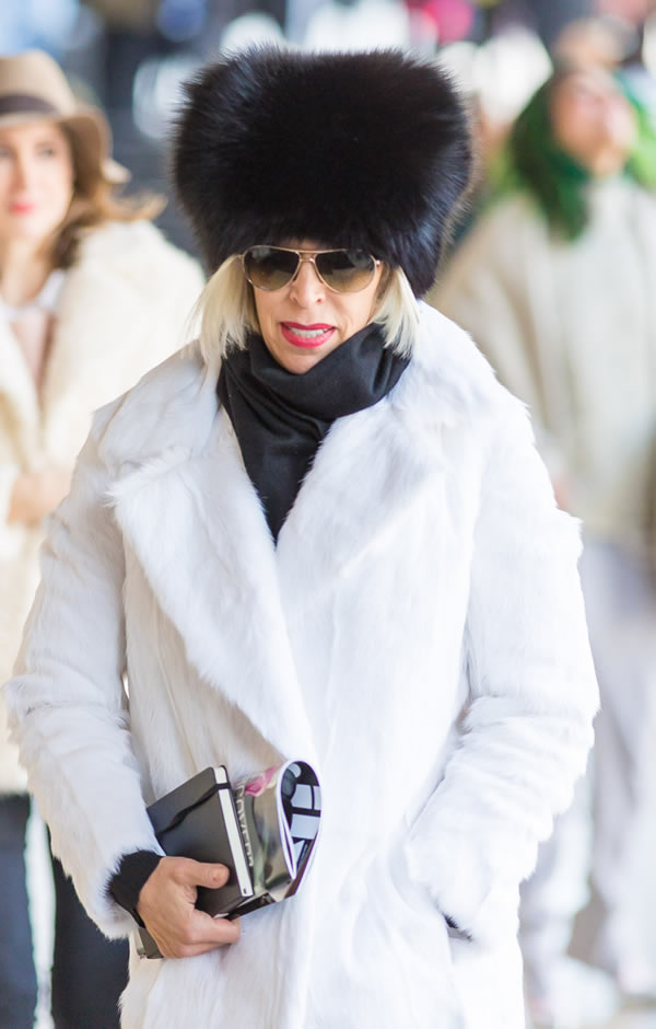 Linda Fargo wearing black and white during fashion week in New York | 40plusstyle.com