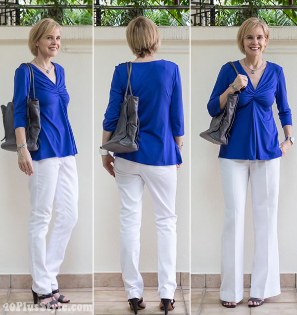 Wearing 2 Covered Perfectly tops 5 different ways - with white trousers | 40PlusStyle.com