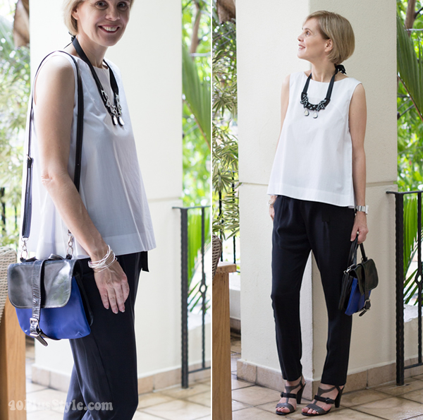 Mixing black and white with cobalt blue | 40plusstyle.com