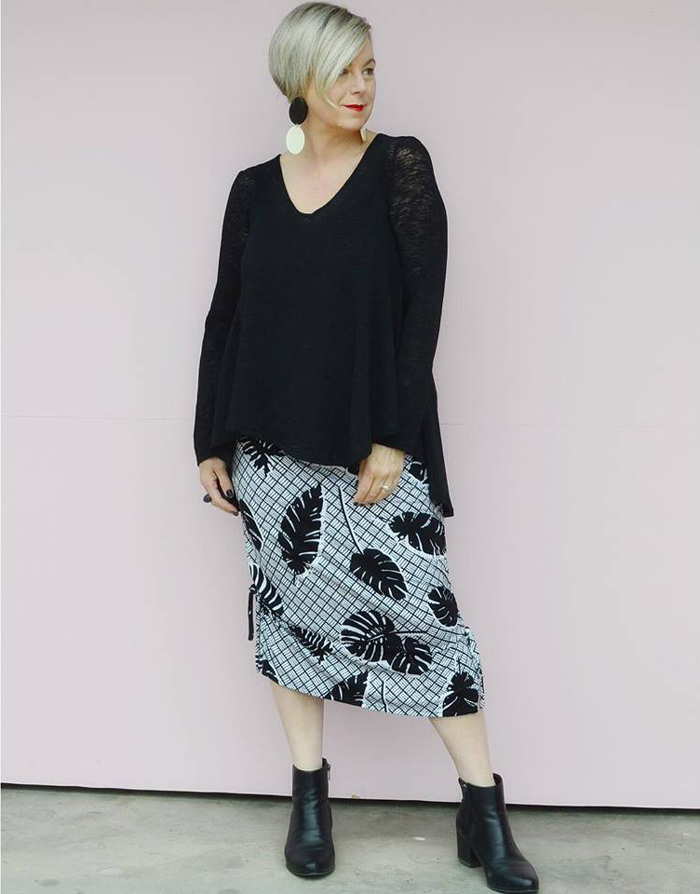 Deborah wearing black lace longsleeves and printed skirt | 40plusstyle.com