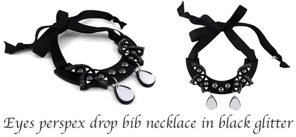 Eyes perspex drop bib necklace in black glitter by Jennifer Loiselle | 40plusstyle.com