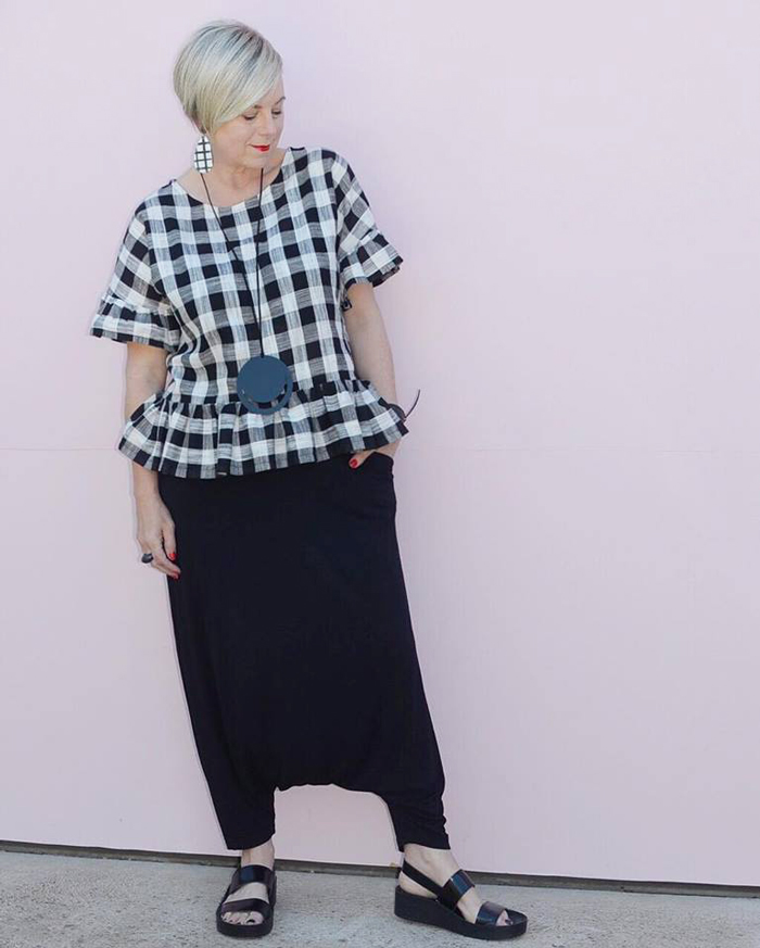 Deborah checkered top and black pants| 40plusstyle.com