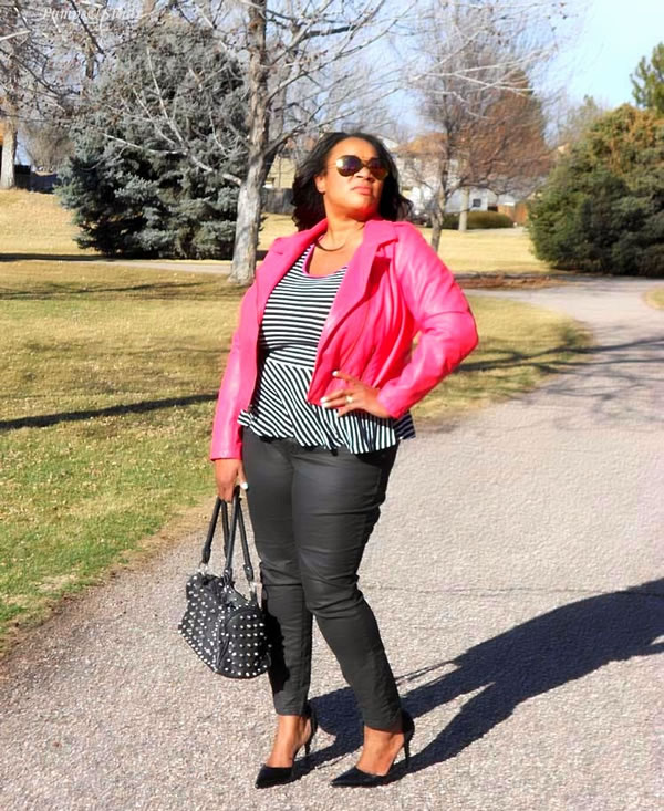 black skinnies with stripes and pink jacket | 40plusstyle.com