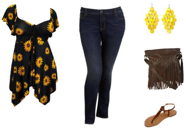 jeans with sunflowers and fringe bag | 40plusstyle.com
