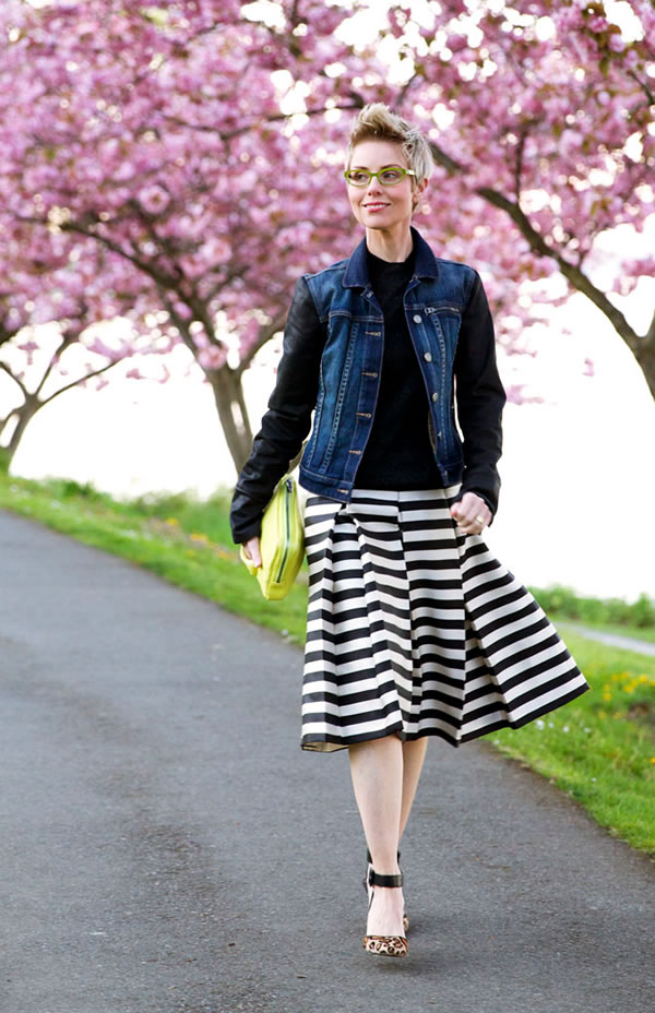 striped skirt with denim jacket | 40plusstyle.com