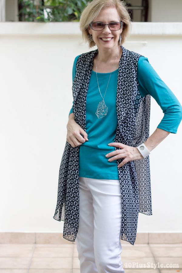 Wearing the Covered Perfectly Simple Comfort top with the new Cascading Vest | 40plusstyle.com