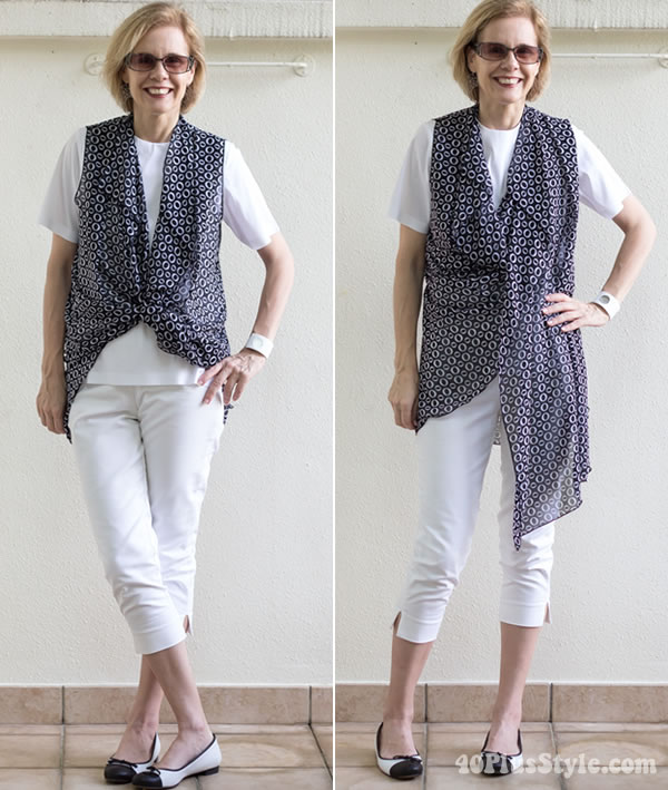 losely draped asymmetrical ways to wear the vest | 40plusstyle.com