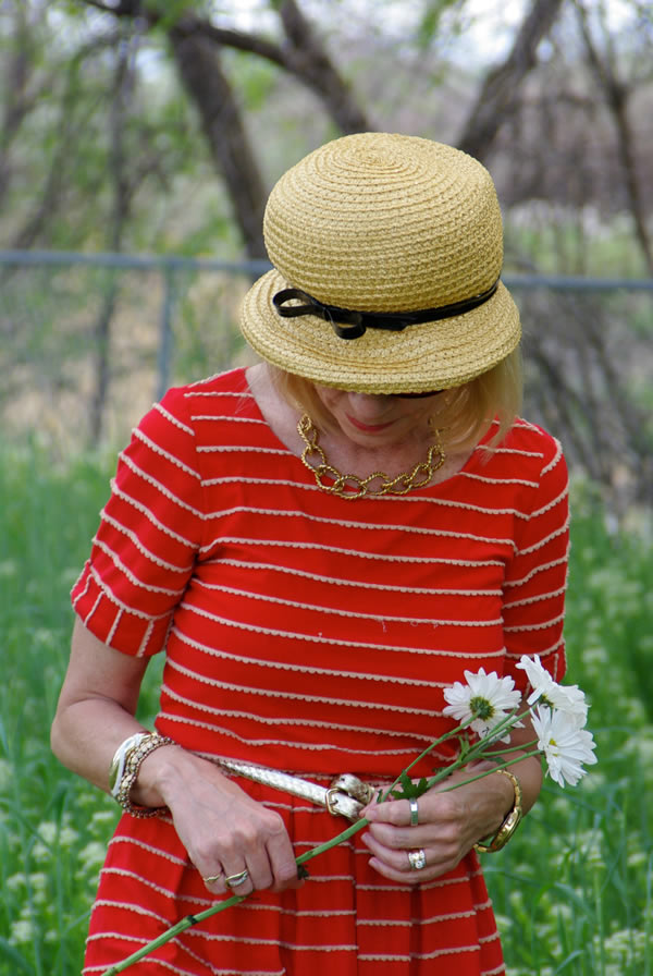 wearing red striped dress | 40plusstyle.com