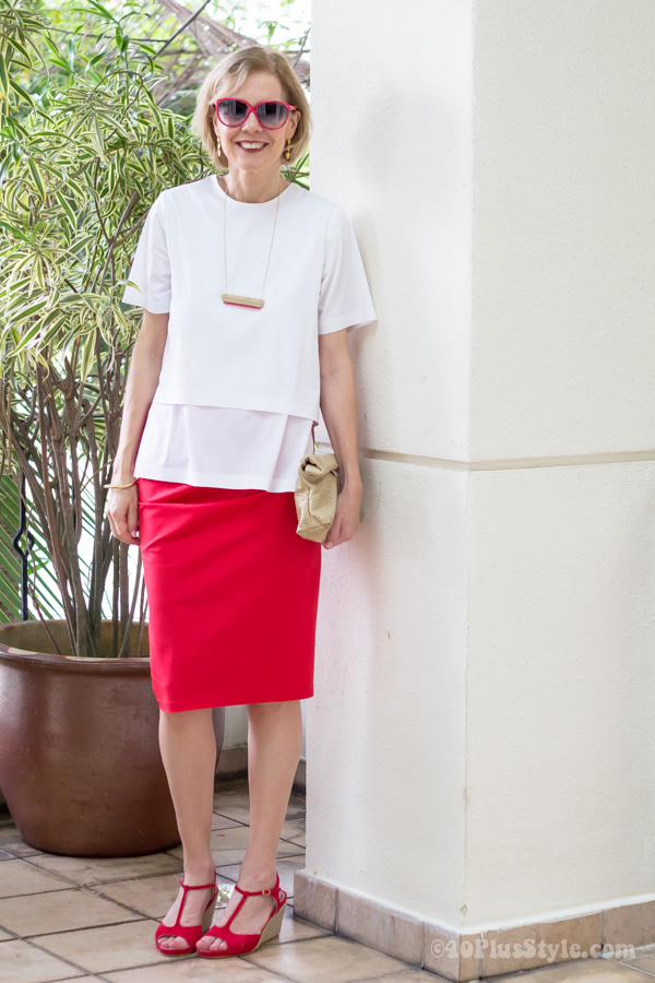 red Donna Karan skirt with white In Good Company blouse | 40plusstyle.com