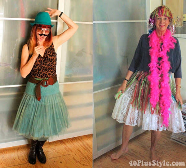 bloggers dressing up in funny costume | 40plusstyle.com