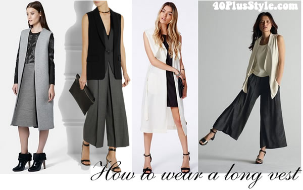 how you can wear the long vest with skirts or wide pants | 40plusstyle.com
