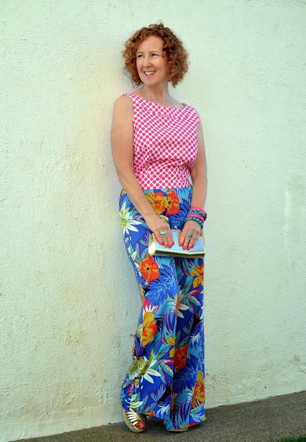 Mixing patterns with flower pants and a printed top | 40plusstyle.com