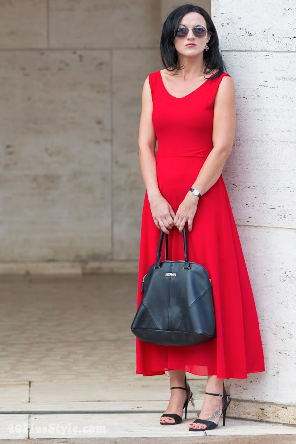 Wearing a red A-line dress | 40plusstyle.com