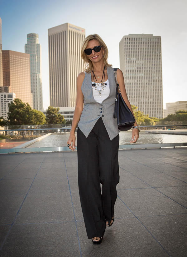 Wearing a vest with wide pants | 40plusstyle.com