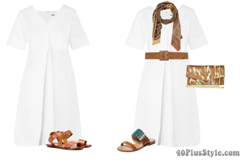 white shirtdress leather belt brown pony hair clutch | 40plusstyle.com